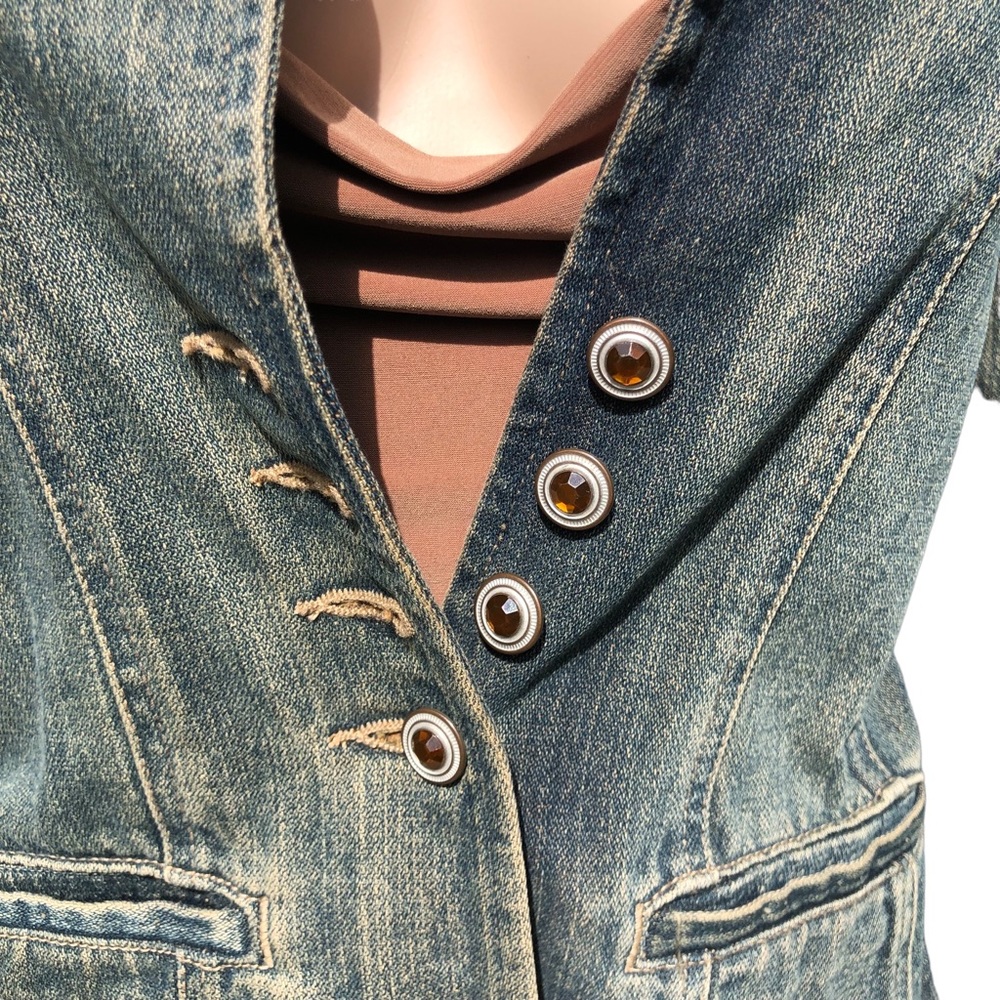 Denim distressed blazer jacket with golden undertones and amber color buttons